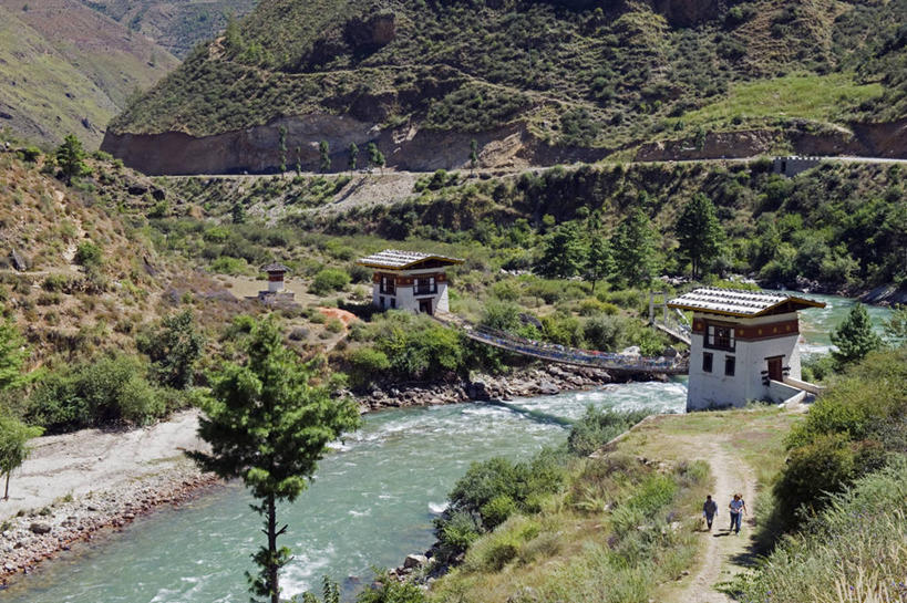 横图,室外,白天,旅游,河流,不丹,亚洲,地形,桥,山谷,风景,摄影,巴罗,彩图,旅行,传统文化