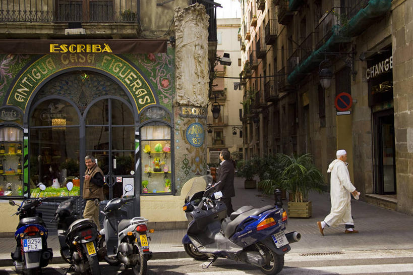 商店,横图,街道,摩托车,西班牙,欧洲,装饰,现代,摄影,加泰隆尼亚,兰布拉斯大道,面包店,彩图,旅行