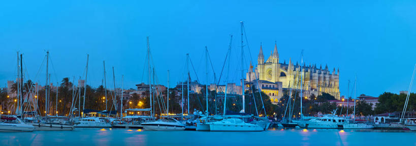 无人,横图,全景,室外,海洋,建筑,船,西班牙,黄昏,地标建筑,摄影,照亮,帕尔马,帕尔马大教堂,马略卡,彩图,旅行,大教堂