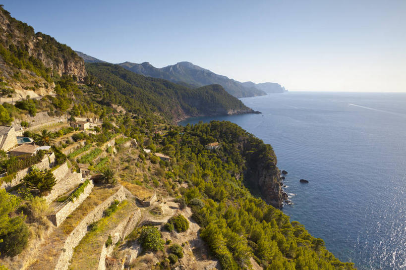 无人,横图,室外,白天,海洋,山,西班牙,地形,海岸线,悬崖,风景,摄影,万里无云,马略卡,彩图,旅行