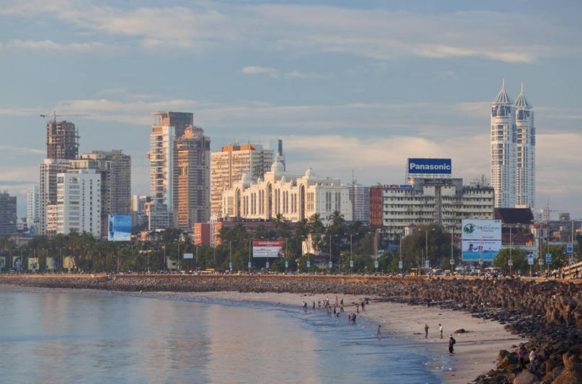 横图,俯视,室外,白天,海洋,天际线,城市,建筑,摩天大楼,印度,海岸线,摄影,进展,孟买,海滩,彩图,高角度拍摄