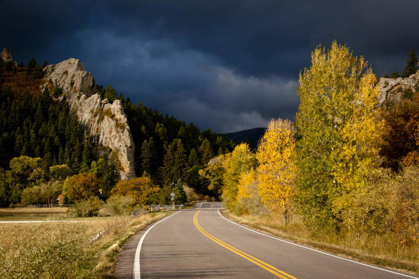 无人,横图,室外,白天,留白,森林,公路,美国,地形,乌云,树,风景,摄影,白杨树,透视图,改变,白杨,科罗拉多州,大叶杨,秋天,彩图,颤杨,冲天杨,响杨,对焦