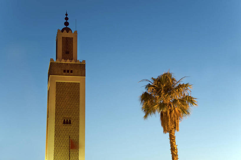 无人,横图,室外,仰视,建筑,非洲,摩洛哥,古城,历史,树,蓝色,黄昏,摄影,宗教,尖塔,伊斯兰教,清真寺,万里无云,阿非利加洲,摩洛哥王国,丹吉尔,丹吉尔省,彩图,低角度拍摄,传统文化