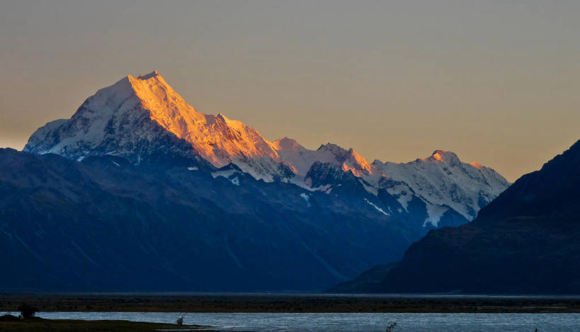 无人,横图,室外,河流,美景,山,新西兰,景观,黎明,风景,自然,景色,摄影,宁静,自然风光,万里无云,库克山,彩图