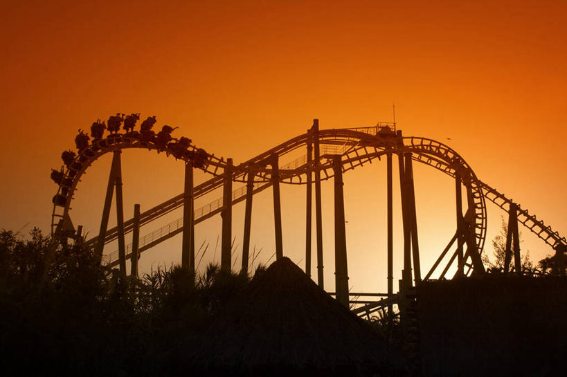 无人,游乐园,横图,室外,西班牙,过山车,天空,黄昏,橙色,摄影,安达路西亚,塞维尔,彩图
