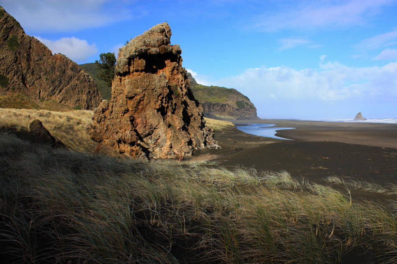 无人,横图,室外,白天,水,日光,新西兰,云,草,自然,摄影,宁静,岩层,岩石,彩图,凯里凯里