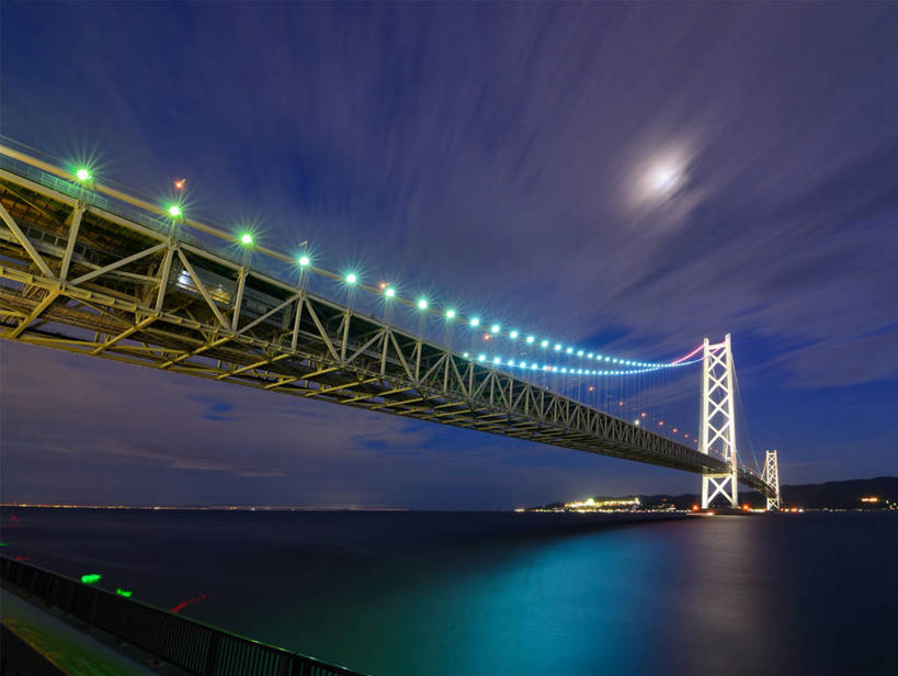 无人,横图,室外,夜晚,城市,建筑,日本,反射,云,联系,天空,摄影,吊桥,宁静,照亮,海峡,兵库县,神户,明石海峡大桥,彩图