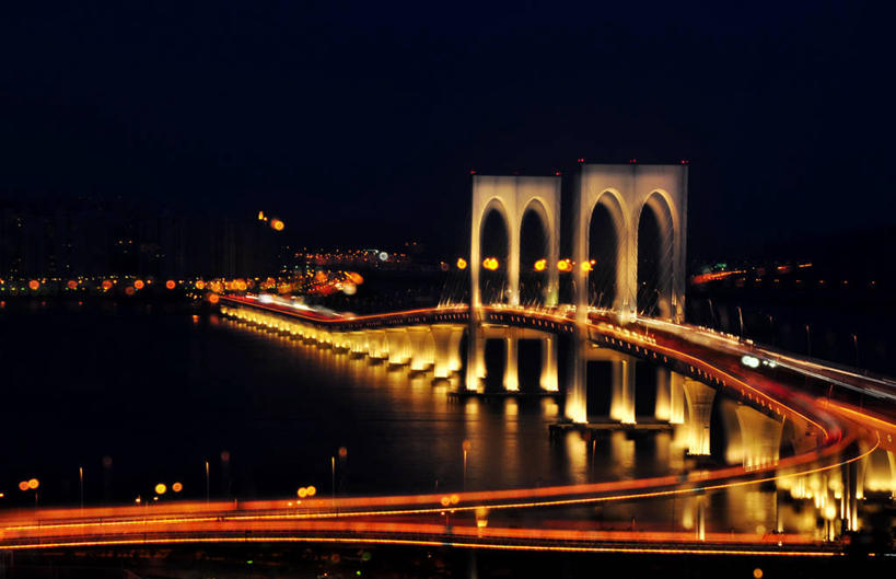 无人,横图,室外,夜晚,长时间曝光,建筑,澳门,拱门,桥,联系,摄影,吊桥,迅速,照亮,彩图