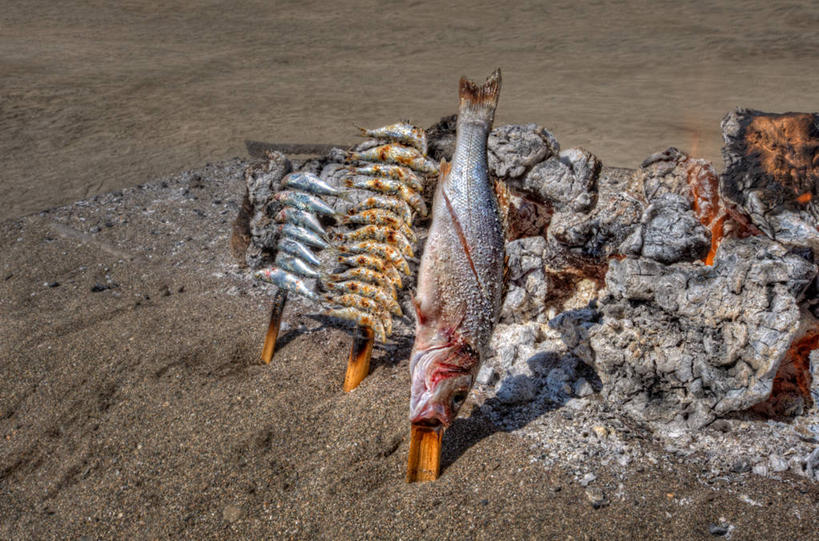 无人,横图,室外,白天,西班牙,火焰,鱼类,饮食,摄影,篝火,清新,安达路西亚,马拉加省,海滩,海产,彩图