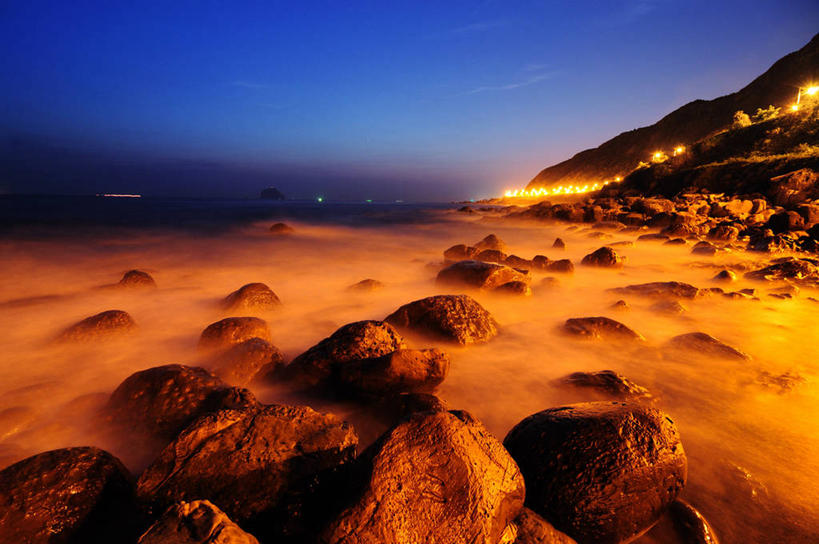 无人,横图,室外,长时间曝光,海洋,山,台湾,黎明,自然,摄影,宁静,照亮,万里无云,基隆,海滩,岩石,彩图