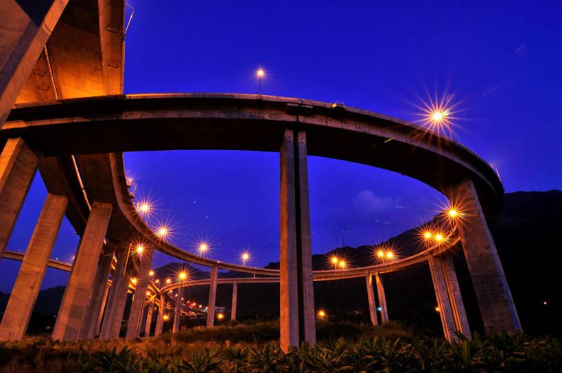 无人,横图,室外,夜晚,建筑,立交桥,台湾,桥,联系,摄影,支撑,照亮,万里无云,彩图