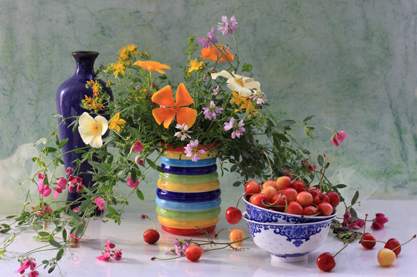 无人,横图,室内,浆果,花瓶,水果,叶子,乌克兰,饮食,花,碗,摄影,多样,清新,健康食物,彩图