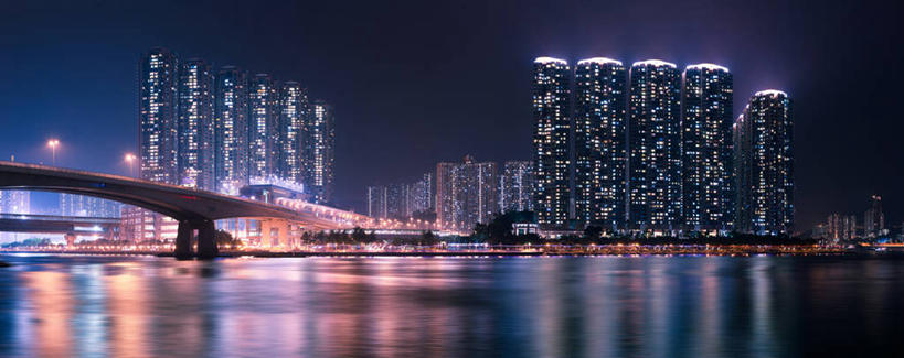 无人,横图,全景,室外,夜晚,水,城市,建筑,路灯,香港,反射,联系,天空,摄影,照亮,彩图