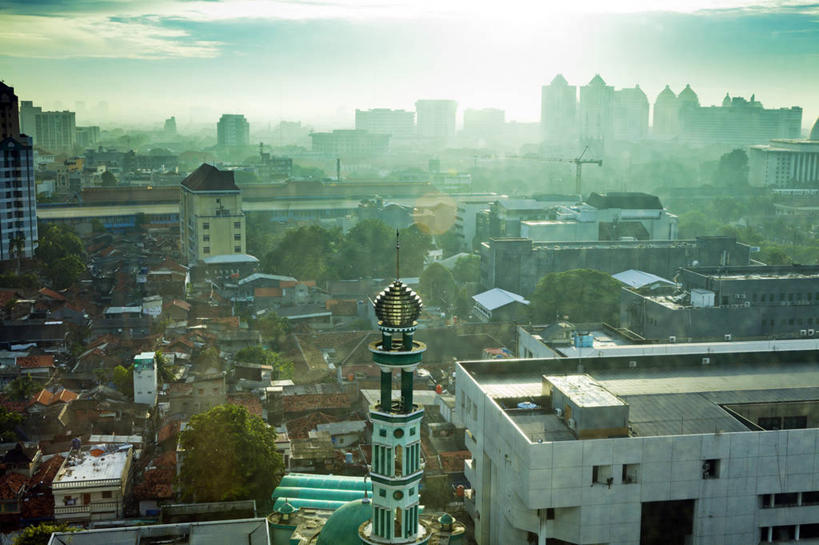 无人,横图,俯视,室外,日出,城市,建筑,日光,印度尼西亚,云,首都,天空,摄影,宗教,伊斯兰教,圆顶建筑,清真寺,雅加达,彩图,高角度拍摄