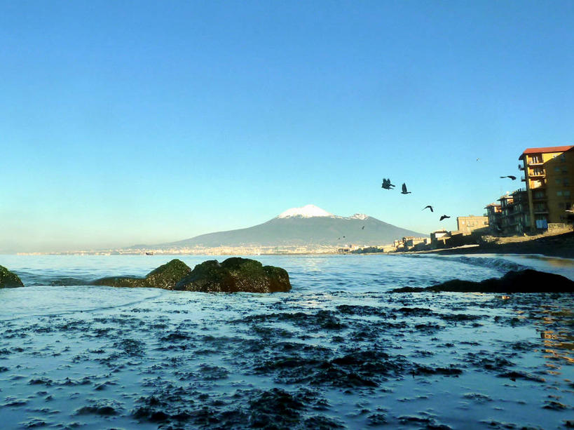 无人,横图,室外,留白,海洋,雪山,野生动物,意大利,四只,鸟类,山顶,黎明,半空,飞,蓝色,自然,摄影,早晨,万里无云,维苏威火山,岩石,彩图