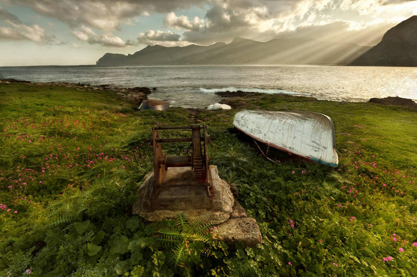 无人,横图,室外,美景,山,山脉,船,意大利,景观,云,黎明,风景,天空,自然,景色,运输,摄影,宁静,早晨,西西里,自然风光,彩图,圣维托洛卡波