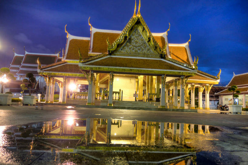 无人,横图,室外,建筑,曼谷,泰国,反射,柱子,屋顶,云,首都,历史,天空,黄昏,摄影,照亮,亭台楼阁,水坑,彩图