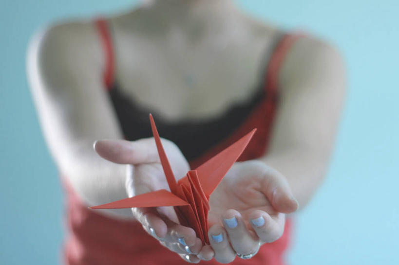 成年人,一个人,横图,室内,特写,美国,仅一个女性,拿着,休闲装,红色,纸鹤,摄影,部分,创造力,出示,美术工艺,捧着,彩图