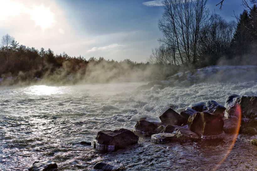 无人,横图,室外,白天,镜头眩光,海浪,雾,日光,德国,反射,云,冬天,天气,天空,小溪,自然,寒冷,摄影,宁静,巴伐利亚,伊萨尔河,岩石,彩图