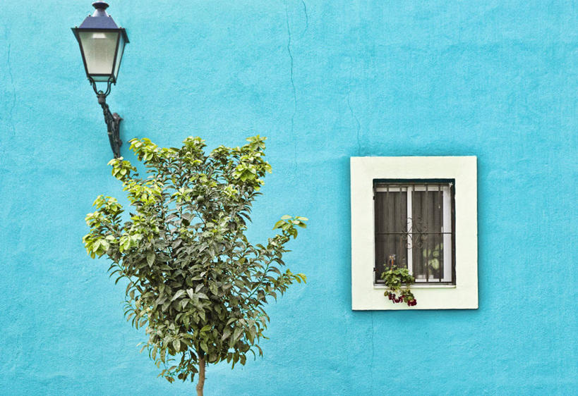 无人,横图,室外,白天,窗户,墙,灯,树,蓝色,摄影,宁静,彩图