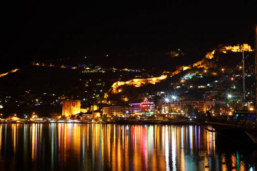 无人,横图,室外,夜晚,海洋,山,城市,土耳其,反射,城堡,摄影,宁静,照亮,彩图,海港