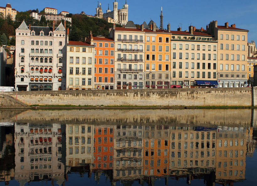 无人,横图,室外,白天,湖,建筑,法国,对称,反射,摄影,住房,万里无云,里昂,彩图