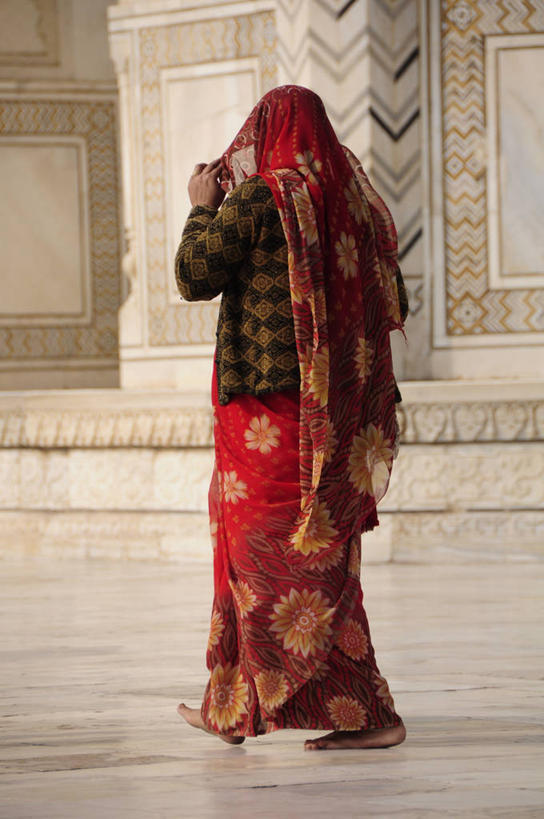 成年人,一个人,竖图,室外,白天,泰姬陵,印度,仅一个女性,背面,摄影,印度文化,纱丽,阿格拉,北方邦,步行,彩图,传统服装,传统文化