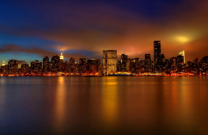 无人,横图,室外,夜晚,河流,城市,建筑,摩天大楼,纽约,美国,反射,曼哈顿,摄影,照亮,帝国大厦,彩图,东河