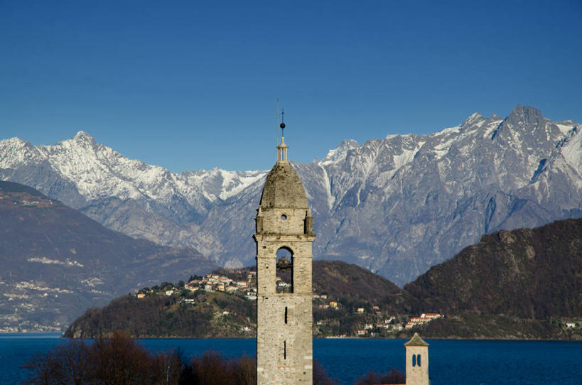 无人,横图,室外,白天,湖,美景,山,山脉,水,雪山,意大利,景观,塔,自然,景色,摄影,宁静,自然风光,伦巴第大区,万里无云,科摩湖,科莫,彩图