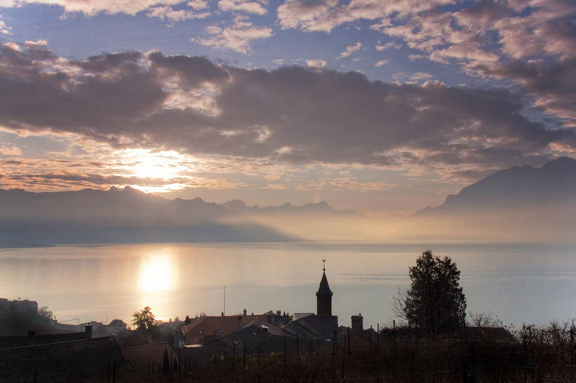 无人,横图,室外,日出,湖,山,山脉,太阳,瑞士,反射,树,风景,自然,摄影,宁静,日内瓦湖,沃州,彩图