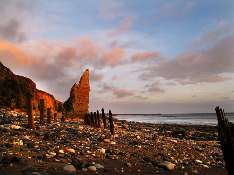 无人,横图,室外,日出,海洋,英国,云,天空,自然,木桩,摄影,宁静,达勒姆郡,海滩,岩石,彩图