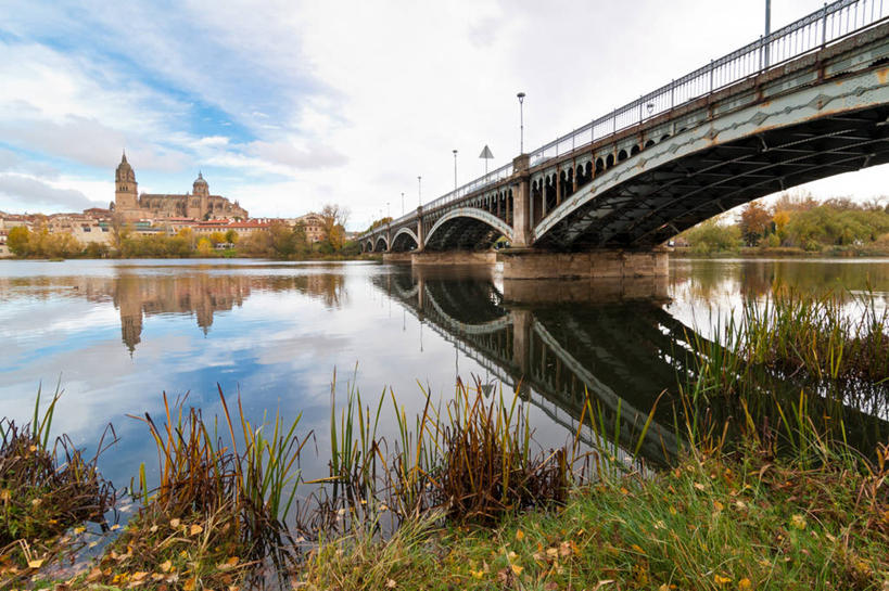 无人,教堂,横图,室外,白天,河流,建筑,西班牙,对称,反射,云,联系,萨拉曼卡,拱桥,草,树,天空,自然,摄影,宗教,萨拉曼卡省,彩图,大教堂