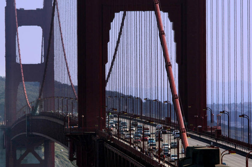 无人,横图,城市,汽车,美国,交通,联系,车,交通工具,运输,摄影,吊桥,加利福尼亚,载具,金门大桥,旧金山,万里无云,彩图