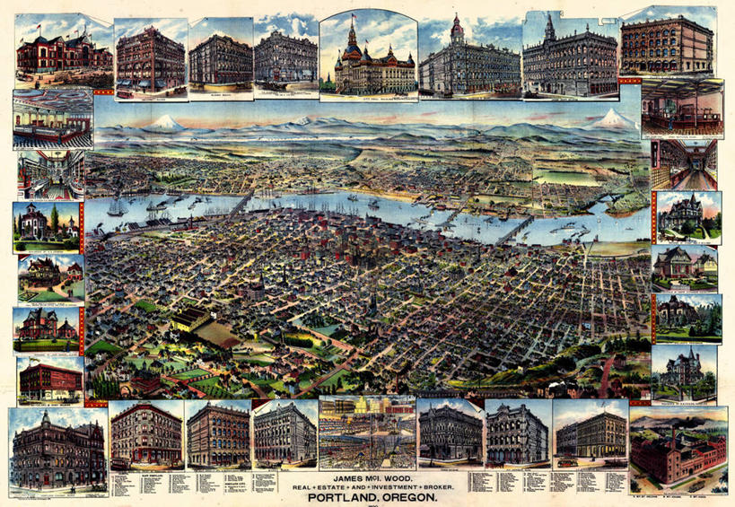 无人,横图,俯视,地图,历史,古董,俄勒冈州,波特兰,彩图,高角度拍摄