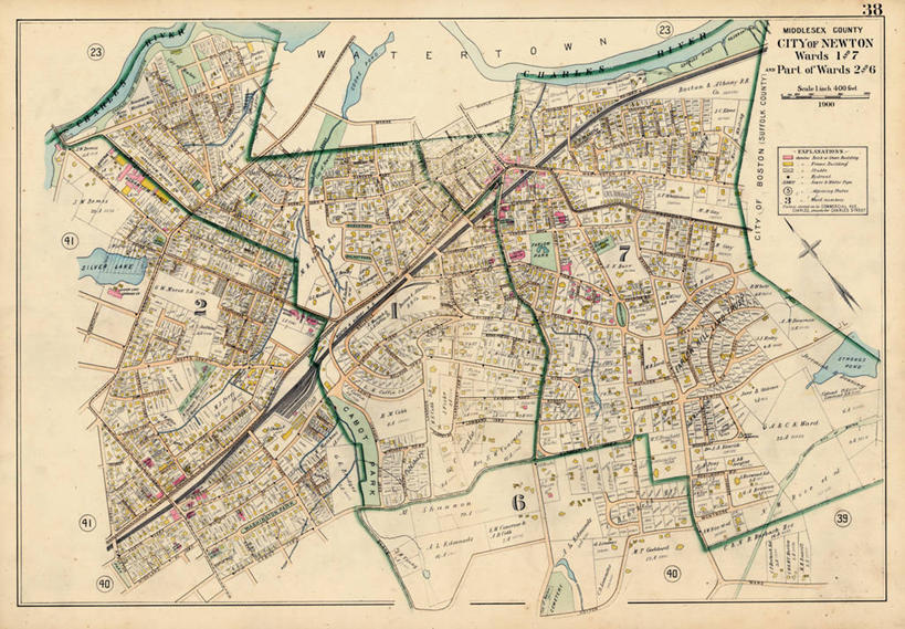 无人,横图,地图,城镇,历史,古董,马萨诸塞,牛顿,彩图