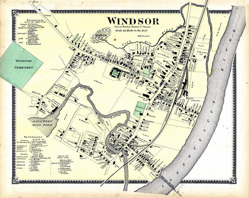 无人,横图,地图,美国,城镇,历史,古董,北美,北美洲,美洲,佛蒙特州,佛蒙特,绿岭之州,北亚美利加洲,亚美利加洲,彩图,美利坚合众国,温莎
