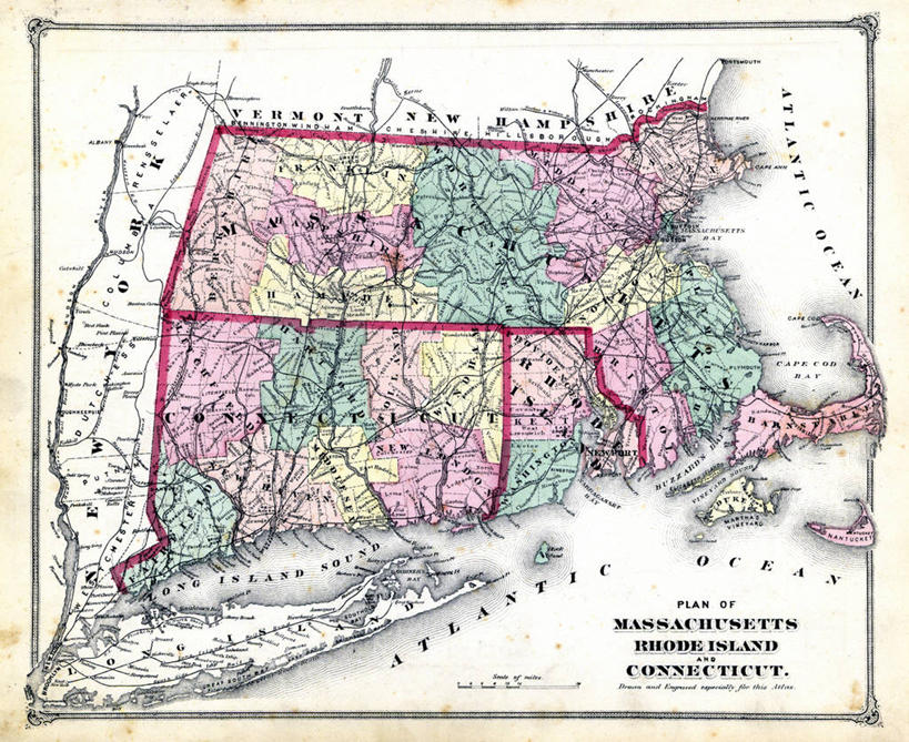 无人,横图,地图,历史,古董,罗得岛,马萨诸塞,康涅狄格州,彩图