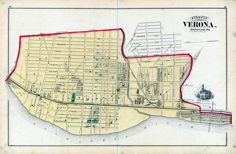 无人,横图,地图,城镇,历史,古董,宾夕法尼亚,维罗纳,彩图