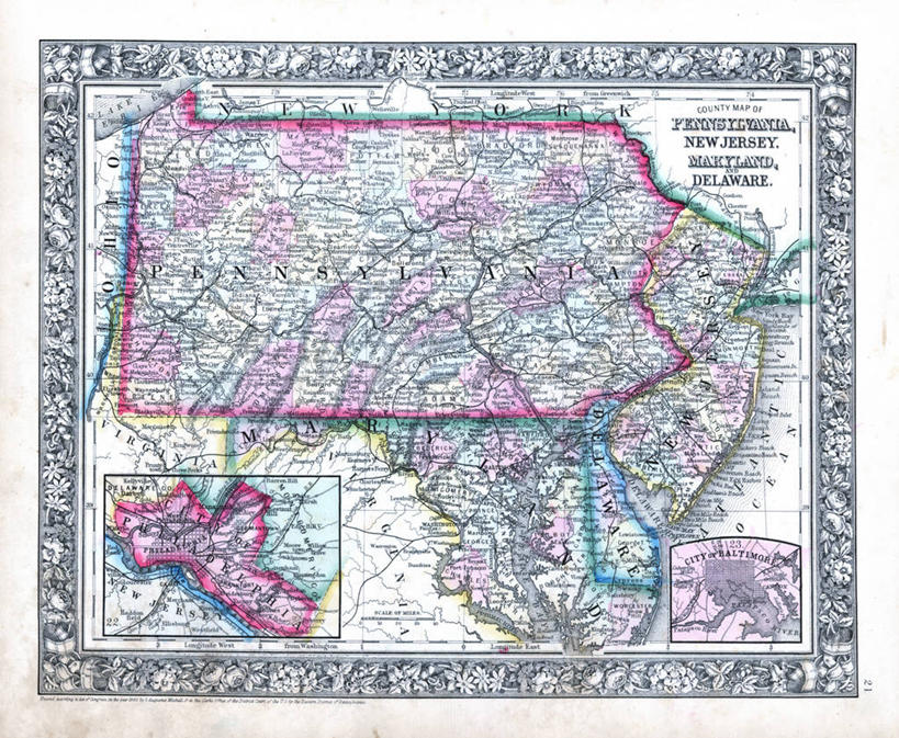 无人,横图,地图,历史,古董,宾夕法尼亚,特拉华,新泽西,彩图