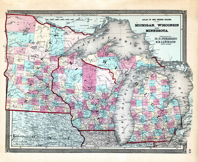 无人,横图,地图,历史,古董,俄亥俄州,明尼苏达,威斯康星,彩图,爱荷华