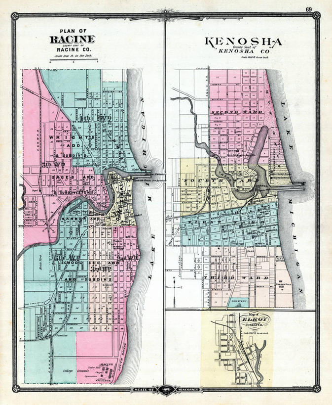 无人,竖图,地图,城镇,历史,古董,威斯康星,拉辛,彩图