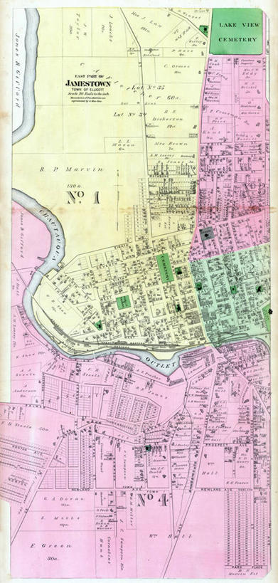 无人,竖图,全景,地图,城镇,历史,古董,纽约州,詹姆斯敦,彩图