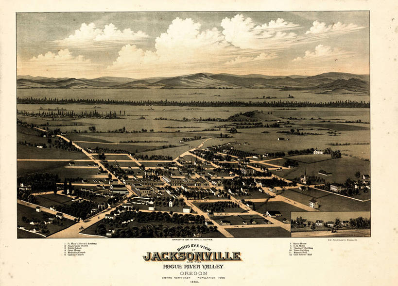 无人,横图,俯视,地图,历史,古董,俄勒冈州,杰克逊维尔,彩图,高角度拍摄