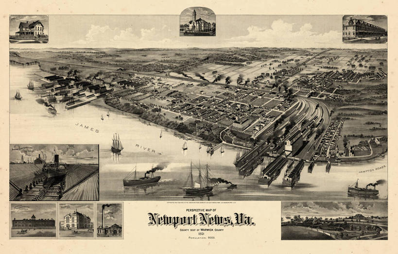 无人,横图,俯视,地图,历史,古董,维吉尼亚,纽波特纽斯,彩图,高角度拍摄