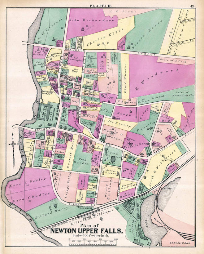 无人,竖图,瀑布,地图,城镇,历史,古董,马萨诸塞,彩图,地图学