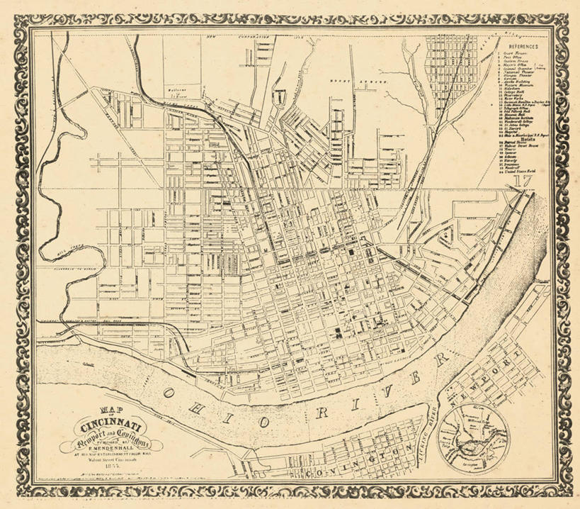 无人,横图,地图,城镇,历史,古董,俄亥俄州,辛辛那提,彩图,地图学