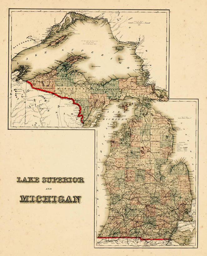无人,竖图,地图,美国,历史,古董,北美,北美洲,美洲,北亚美利加洲,亚美利加洲,密歇根,密歇根州,貂熊州,狼獾之州,狼獾州,苏必利尔湖,彩图,美利坚合众国,地图学