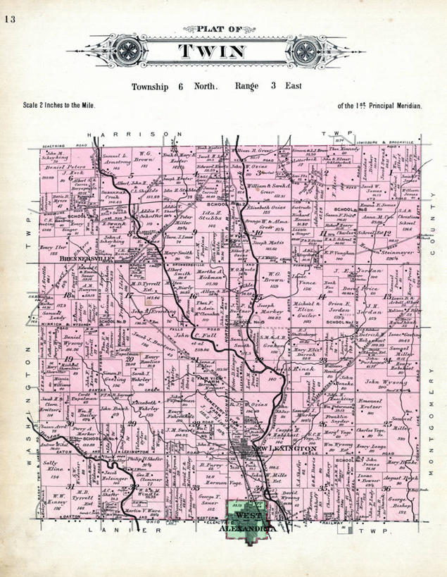 无人,双胞胎,竖图,地图,历史,古董,俄亥俄州,彩图,地图学