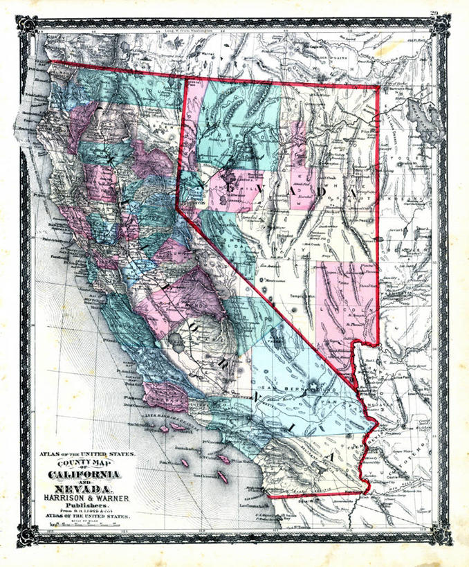无人,竖图,地图,历史,古董,加利福尼亚,内华达州,密苏里,彩图,地图学