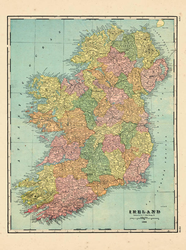 无人,竖图,地图,爱尔兰,欧洲,历史,古董,彩图,地图学